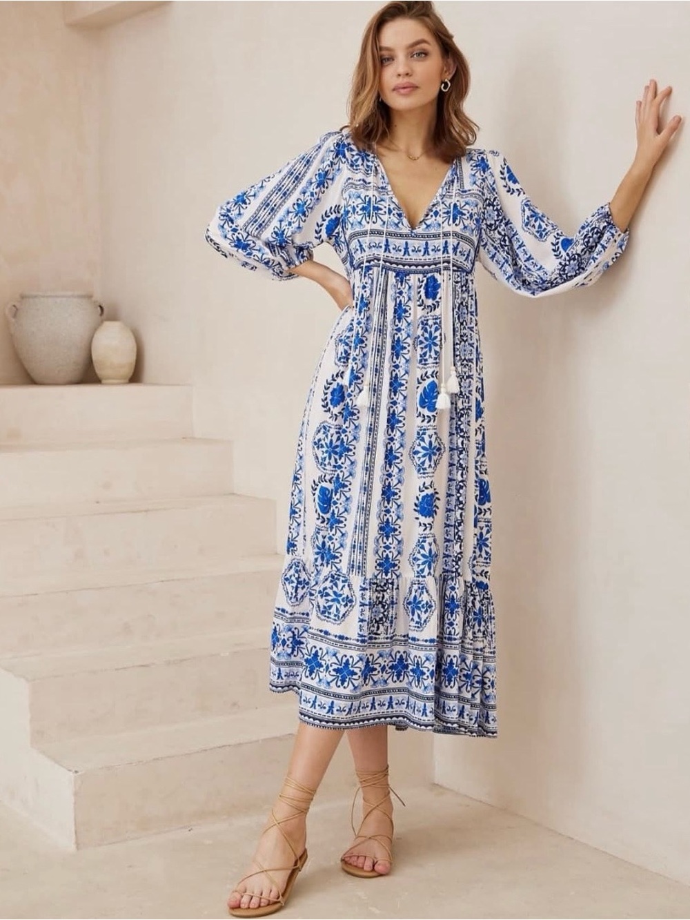 Hey Chic Brand White Maxi Dress with Blue Folk Floral Print